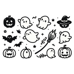 Happy Halloween Day element background vector. Cute collection of spooky ghost, pumpkin, bat, skull, candle. Adorable halloween festival illustration elements for decoration, prints.