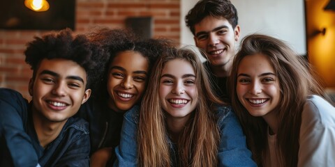 Fototapeta premium A group of young people are smiling and posing for a picture. Scene is happy and friendly