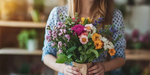 A woman is holding a bouquet of flowers in a brown bag. The flowers are a mix of different colors and types, creating a vibrant and cheerful atmosphere