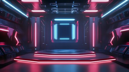 Obraz premium Sci Fi Futuristic Podium. Futuristic Stage neon. 3D rendering. Cyberpunk podium. Futuristic technology podium. tech podium