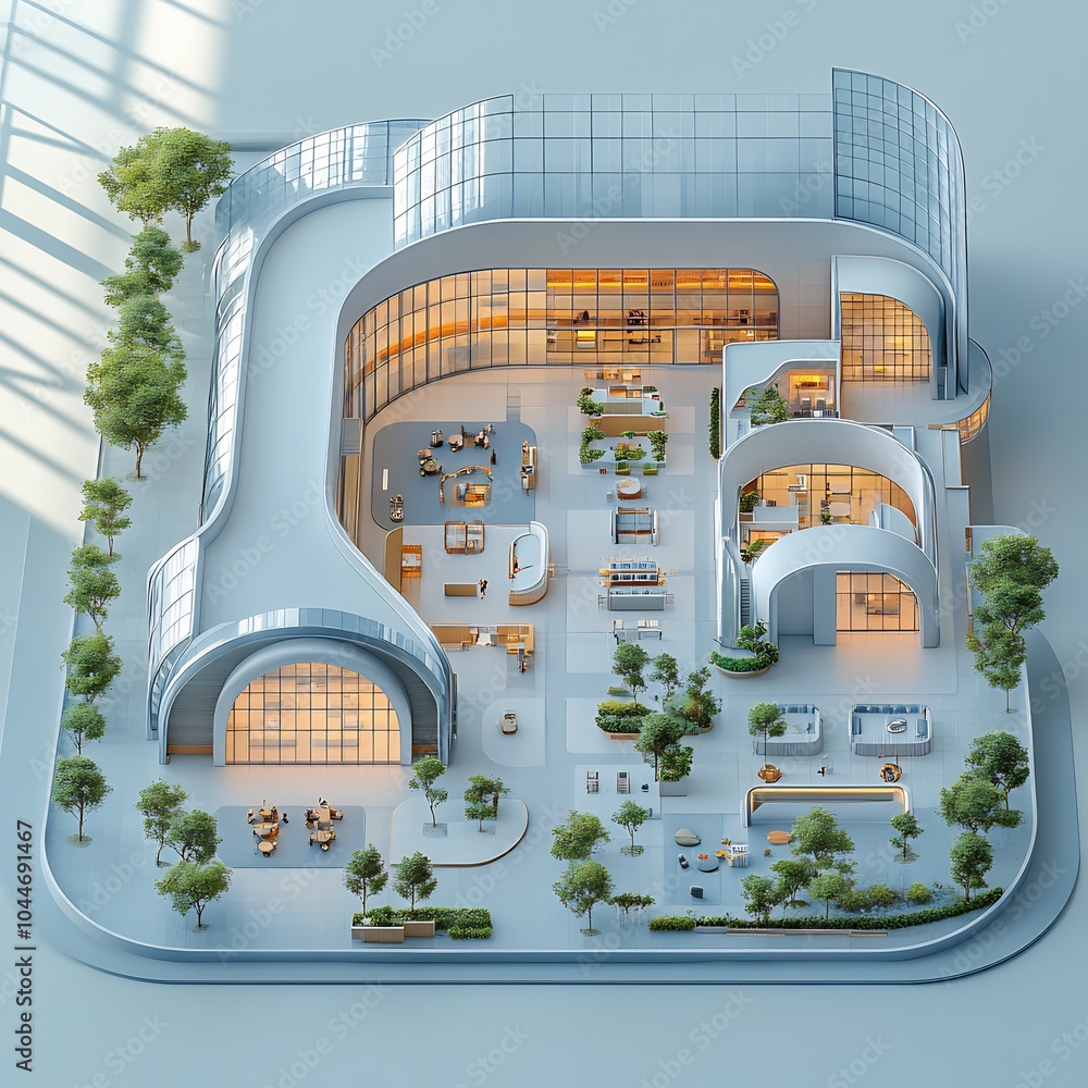 Poster 3d topdown view of modern convention center featuring expansive open areas for events and multiple p
