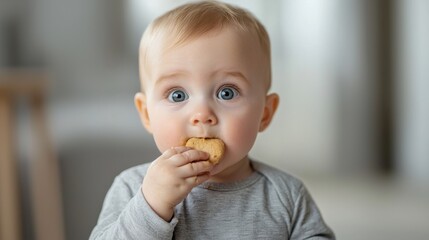 Cute baby enjoying a cookie with a curious expression, softly lit indoor setting.