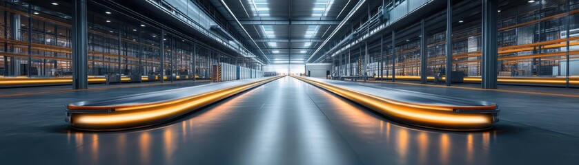 Obraz premium Futuristic Industrial Warehouse Interior with Automated Conveyor Belts and Advanced Lighting System