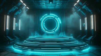 Sci Fi Futuristic Podium. Futuristic Stage neon. 3D rendering. Cyberpunk podium. Futuristic technology podium. tech podium