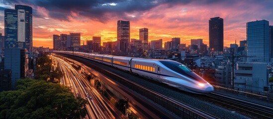 Fototapeta premium High-Speed Bullet Train Passing Through Urban Cityscape at Sunset with Vibrant Skyscrapers and Dramatic Sky