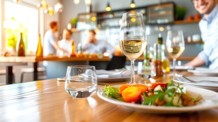 Elegant dining experience with wine and gourmet salad in a modern restaurant setting.