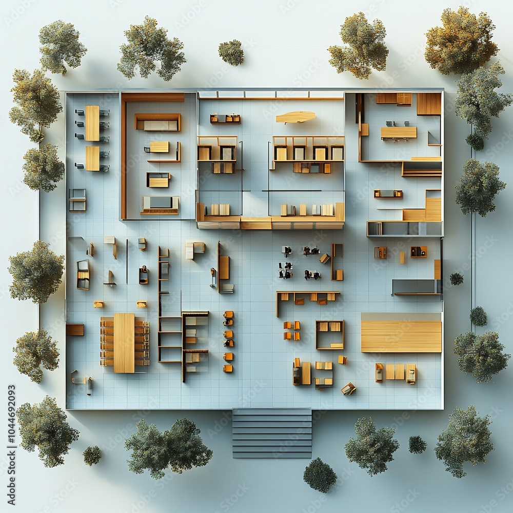 Poster 3d topdown view of modern convention center featuring expansive open areas for events and multiple p