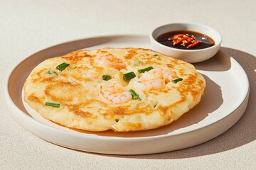 Traditional Korean Shrimp Pancake Served with Soy Dipping Sauce and Garnished with Green Onions
