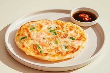 Traditional Korean Shrimp Pancake Served with Soy Dipping Sauce and Garnished with Green Onions