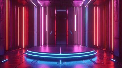 Sci Fi Futuristic Podium. Futuristic Stage neon. 3D rendering. Cyberpunk podium. Futuristic technology podium. tech podium
