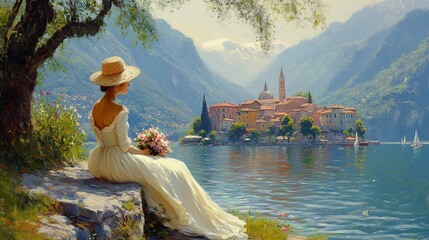 An intellectual elegant lady, in her forties, of medium build but good manners, dressed in a long white dress, with a bouquet of flowers in her hand,painting art