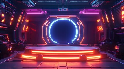 Obraz premium Sci Fi Futuristic Podium. Futuristic Stage neon. 3D rendering. Cyberpunk podium. Futuristic technology podium. tech podium