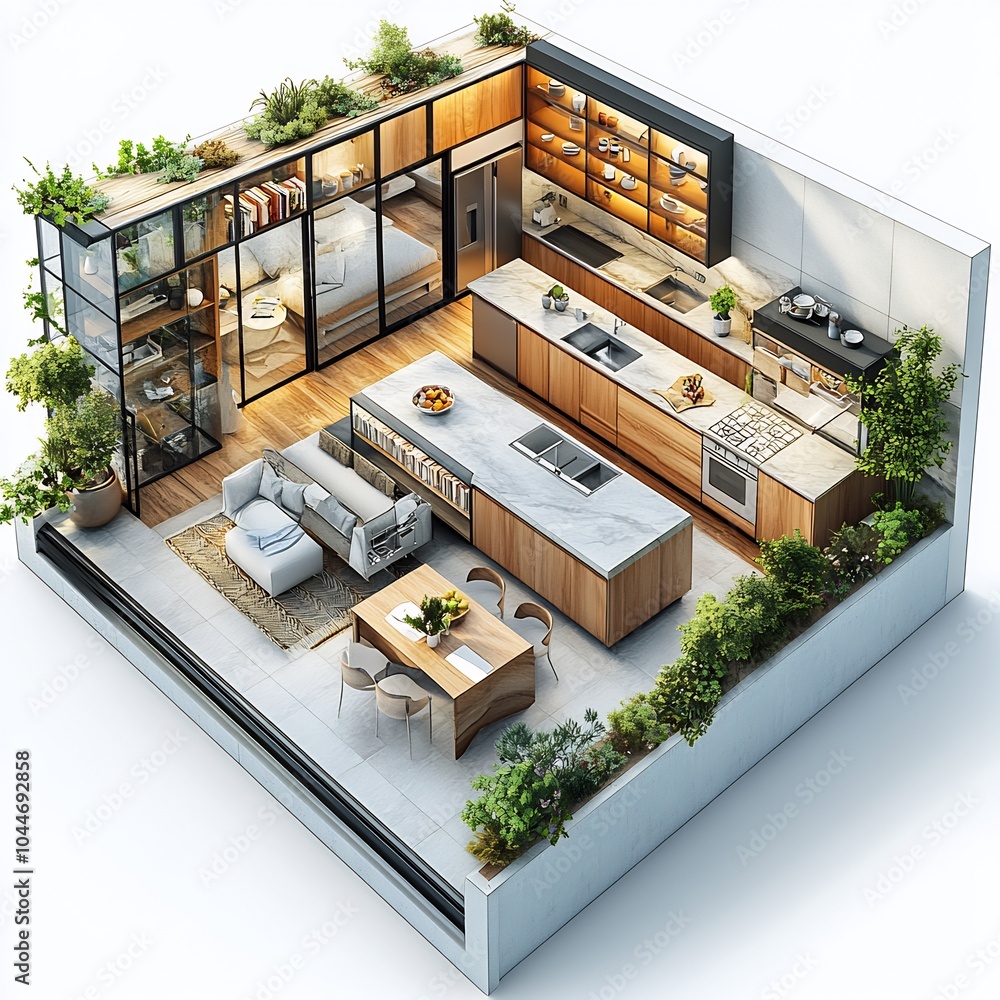 Poster 3d topdown view of modern kitchen with an island open shelving for easy access and a large fridge co