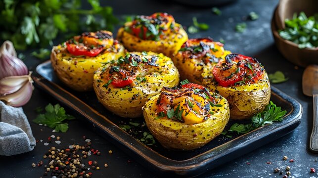 Deliciously baked stuffed potatoes with vibrant vegetables, garnished with herbs.