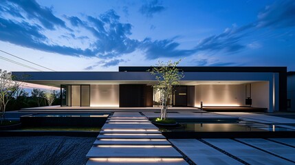 Modern Minimalist House with Stone Walkway and Reflecting Pool at Dusk