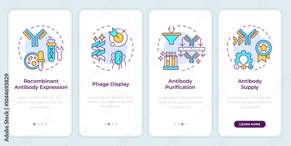 Poster antibody production process onboarding mobile app screen. walkthrough 5 steps editable graphic instr
