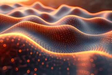 Fototapeta premium Vibrant Abstract Digital Landscape with Flowing Orange Waves and Glowing Dots