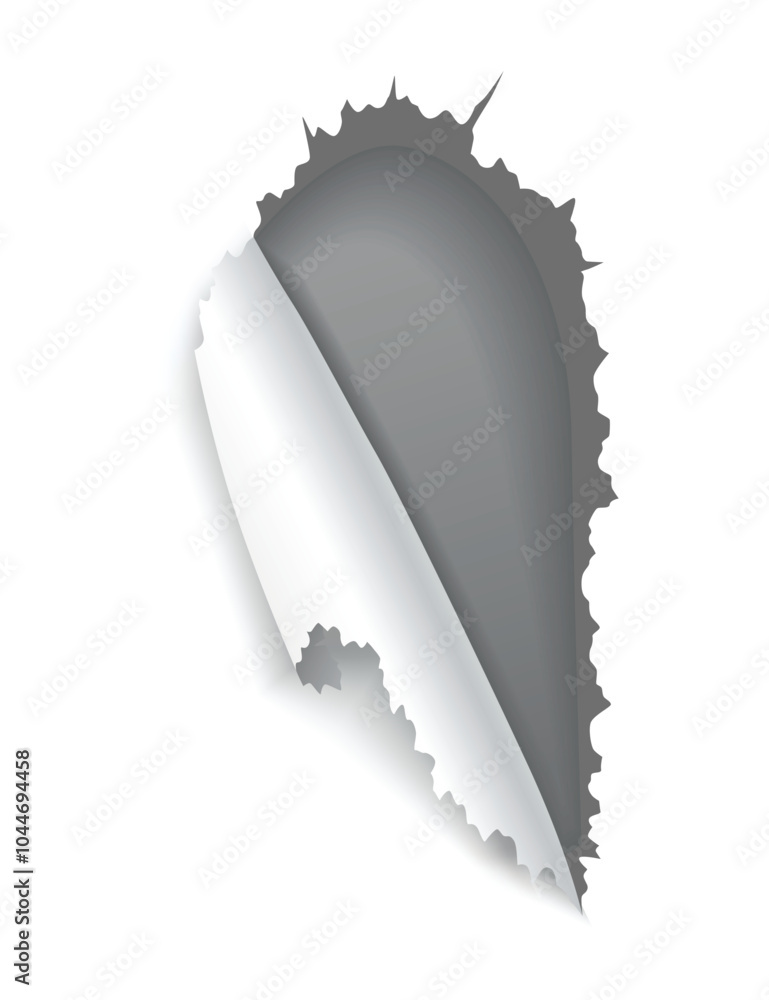Poster paper hole of gray torn paper. torn sides over dark paper background with space for text. realistic 