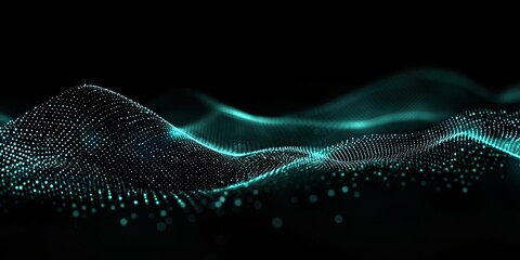 An abstract gradient hologram dynamic wave of particles on a black background. Digital sound, music, or futuristic wallpaper technology background.