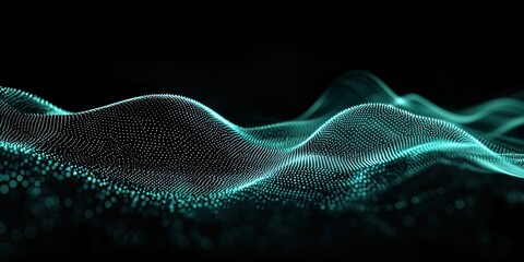 An abstract gradient hologram dynamic wave of particles on a black background. Digital sound, music, or futuristic wallpaper technology background.