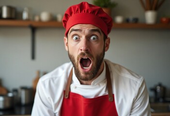 Man wearing a red cap and apron, possibly a chef or cook, is making a surprised expression with his mouth open