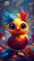 Fototapeta premium A vibrant cartoon-style bird with colorful feathers and big expressive eyes.