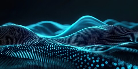 An abstract gradient hologram dynamic wave of particles on a black background. Digital sound, music, or futuristic wallpaper technology background.