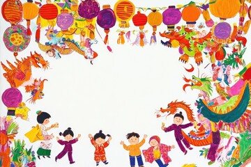 Obraz premium Vibrant Children's Celebration with Lanterns and Dragons