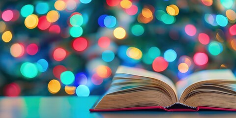 A book is open on a table with a Christmas tree in the background. The book is a novel and the tree is decorated with lights. The scene is festive and cozy, with the book and tree creating a warm
