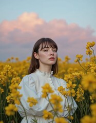 A woman posing in a sea of  flowers