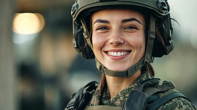 A female soldier wearing a helmet smiles brightly while on duty