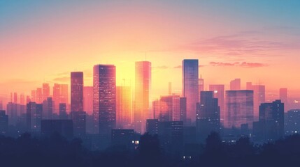 Fototapeta premium Twilight Skyline with Vibrant Lighting and Silhouettes