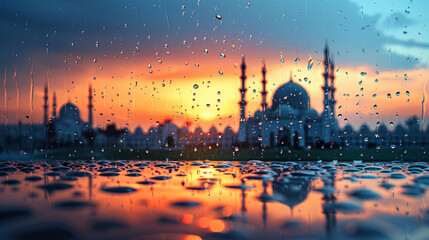 water droplets in the front of  mosque on sunrise dawn or sunset, beautiful concept image for islamic background, greetings or wallpaper