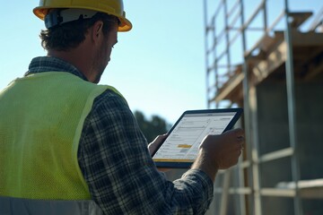 A construction worker in a hard hat uses a tablet on-site, collaborating or checking plans against a backdrop of scaffolding and a clear sky.