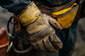 A close-up of a weathered hand wearing a dirty glove, showcasing the details of hard work and the tools of a laborer.