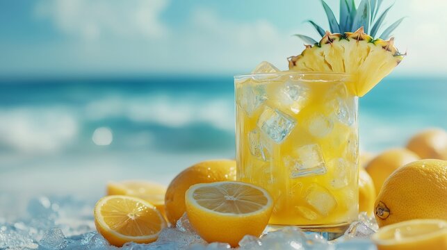 A glass of lemonade with ice cubes, slices of pineapple and lemons on the beach in summer