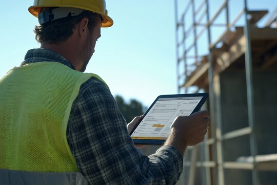 A construction worker in a hard hat uses a tablet on-site, collaborating or checking plans against a backdrop of scaffolding and a clear sky.