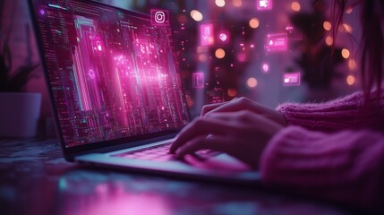 A person typing on their laptop, with social media icons floating above the screen and data visualizations of advertising growth in pink color in the style of advertising growth.