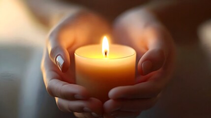 Warm Hands Cupping Glowing Candle Flame in Calm Dark Space Representing Meditation and Focus