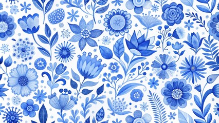 Seamless blue floral watercolor texture pattern. The pattern can be used for wallpaper, filling patterns, surface textures. Beautiful blooming flowers on blue color background seamless pattern. 