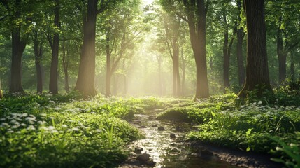 Fototapeta premium Serene Nature Scene with Soft Lighting and Greenery