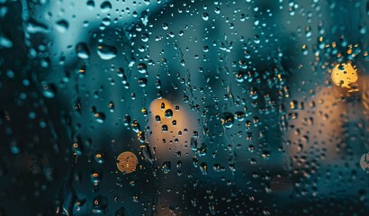 A window surface with raindrops, dark blue and cloudy sky and night city lights. Blurred bokeh rain background.