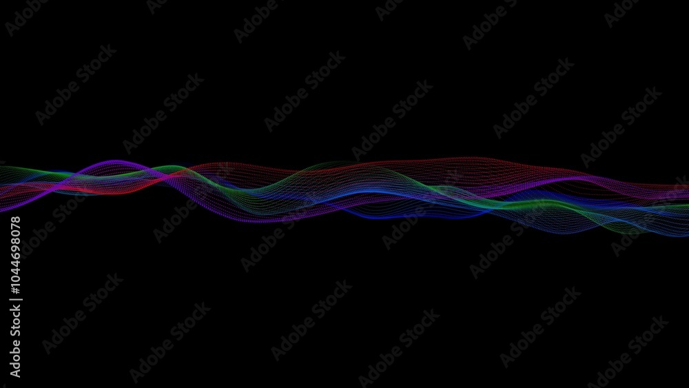 Poster colorful waveforms on black background, background particle line wave