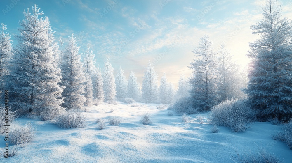 Poster A snowy field with trees in the background