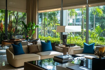 Fototapeta premium Modern Living Room with Tropical View and Luxury Interior Design
