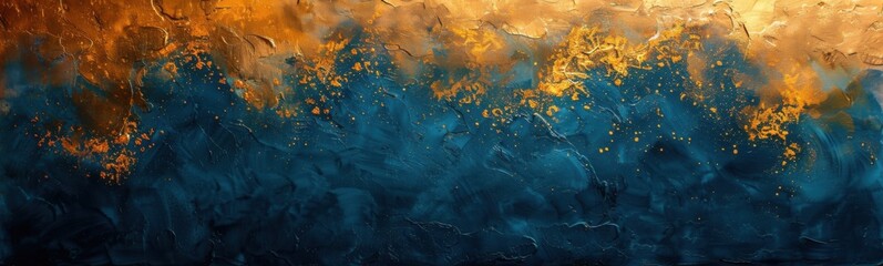 Obraz premium Painting of a blue and gold abstract painting with a black background, banner, copy space