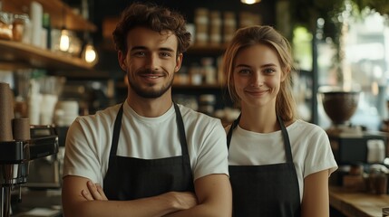 Portrait of two young smiling restaurant workers