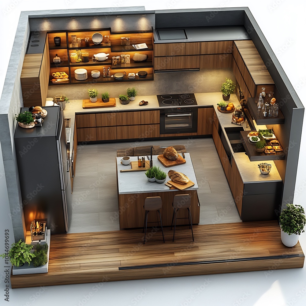Aufkleber 3d topdown view of stylish kitchen featuring an island open shelving and a large fridge floor plan d