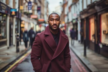 Fototapeta premium Stylish man in burgundy coat standing on bustling urban street.