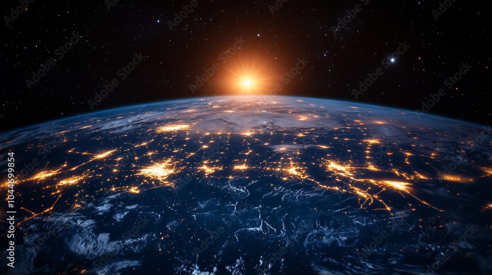 Poster the earth seen from space with glowing city lights on it and network connections connecting the worl